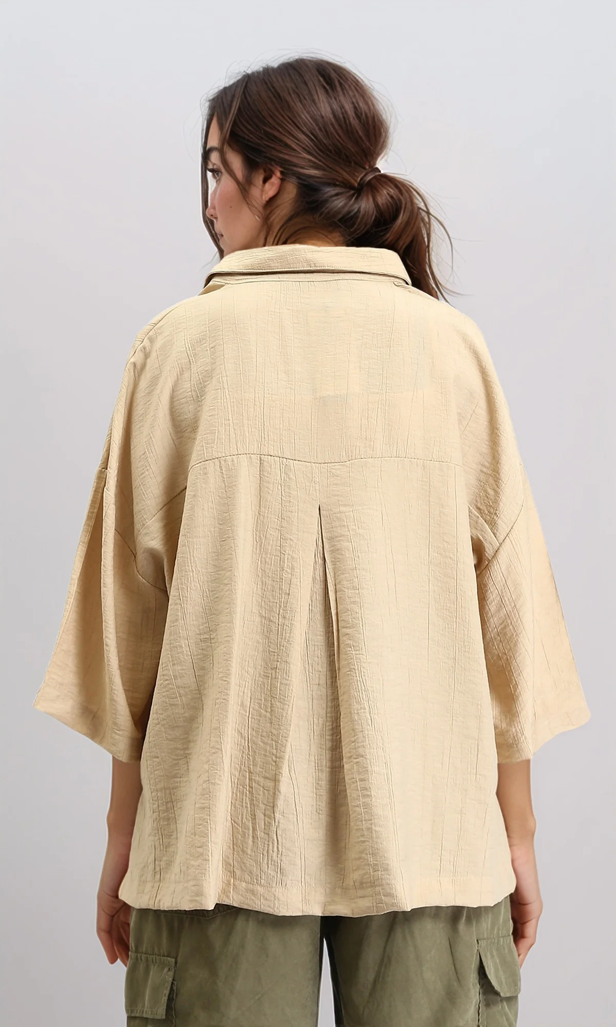 R211196 - 3/4 Sleeves Relaxed Textured Shirt - Dark Beige - Image 2