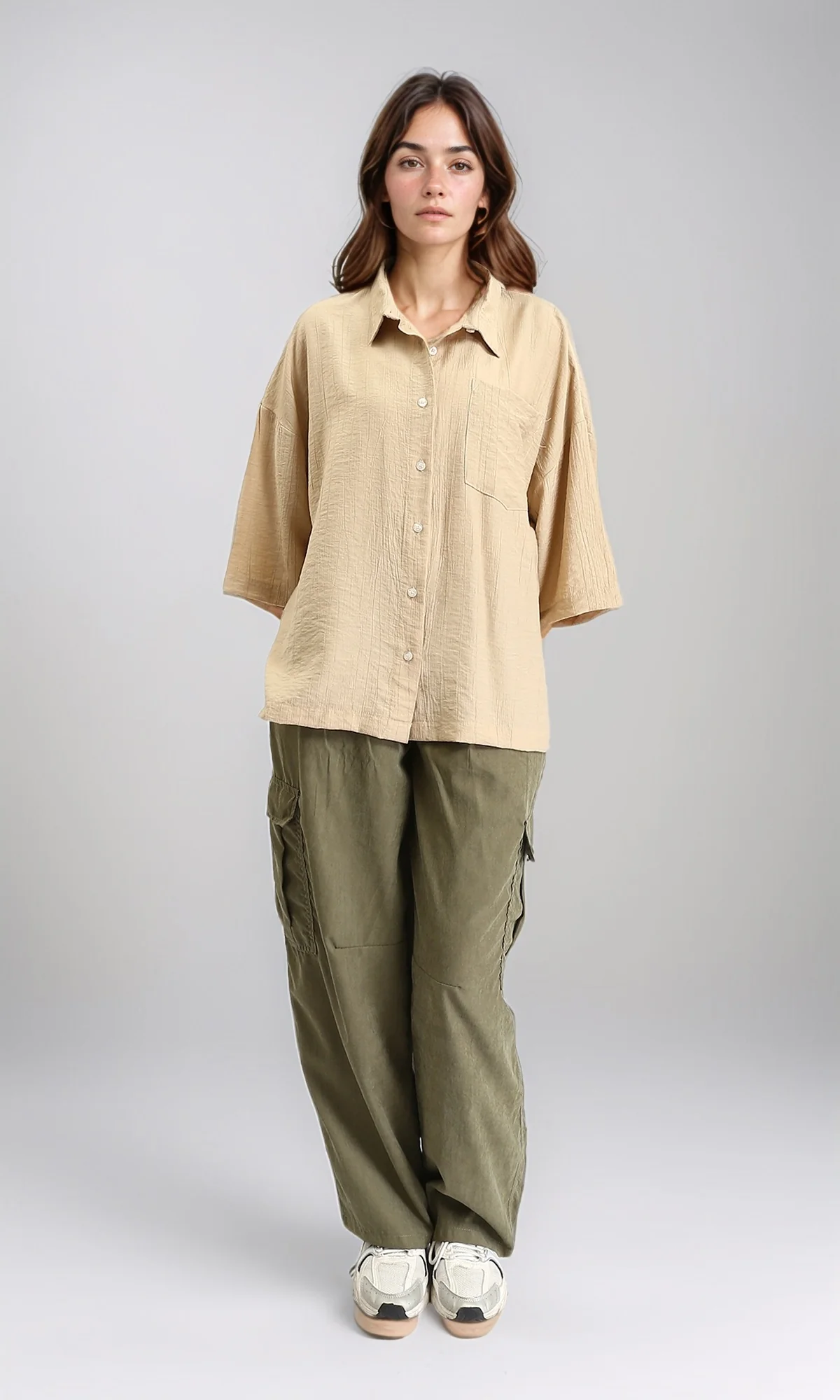 R211196 - 3/4 Sleeves Relaxed Textured Shirt - Dark Beige - Image 4