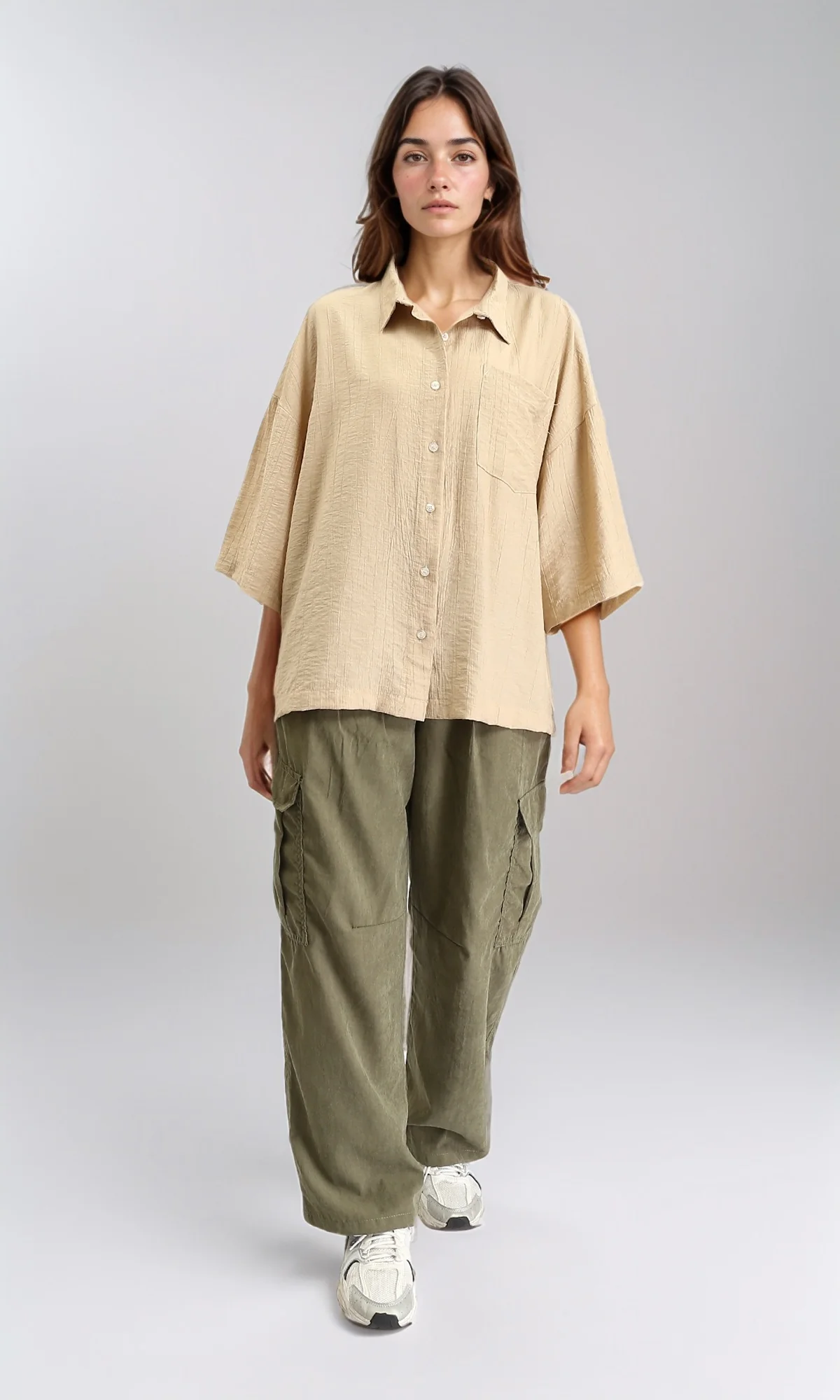 R211196 - 3/4 Sleeves Relaxed Textured Shirt - Dark Beige - Image 5