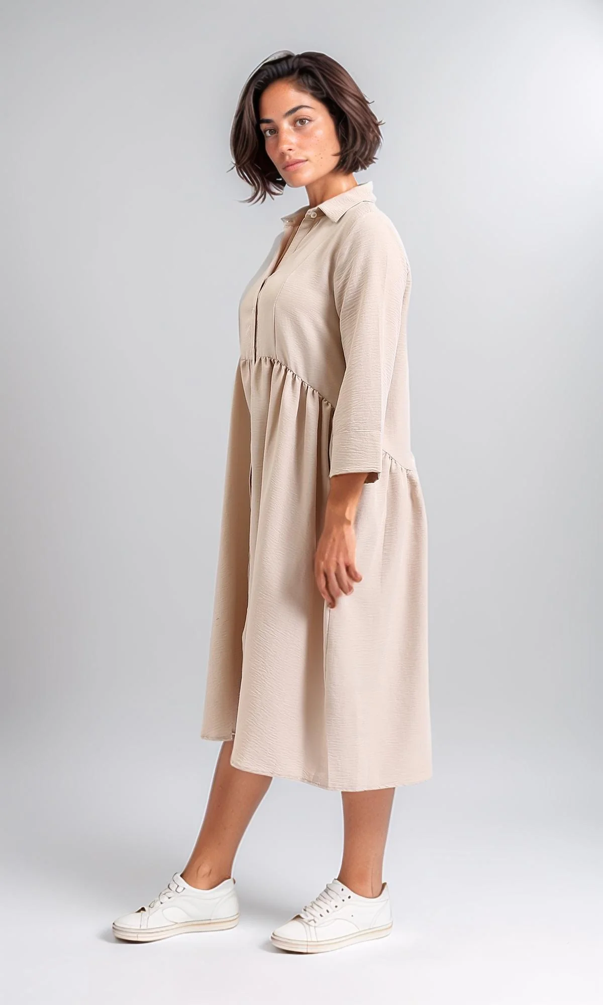 R208474-3/4 Sleeves Summer Buttoned Dress - Dark Beige - Image 2