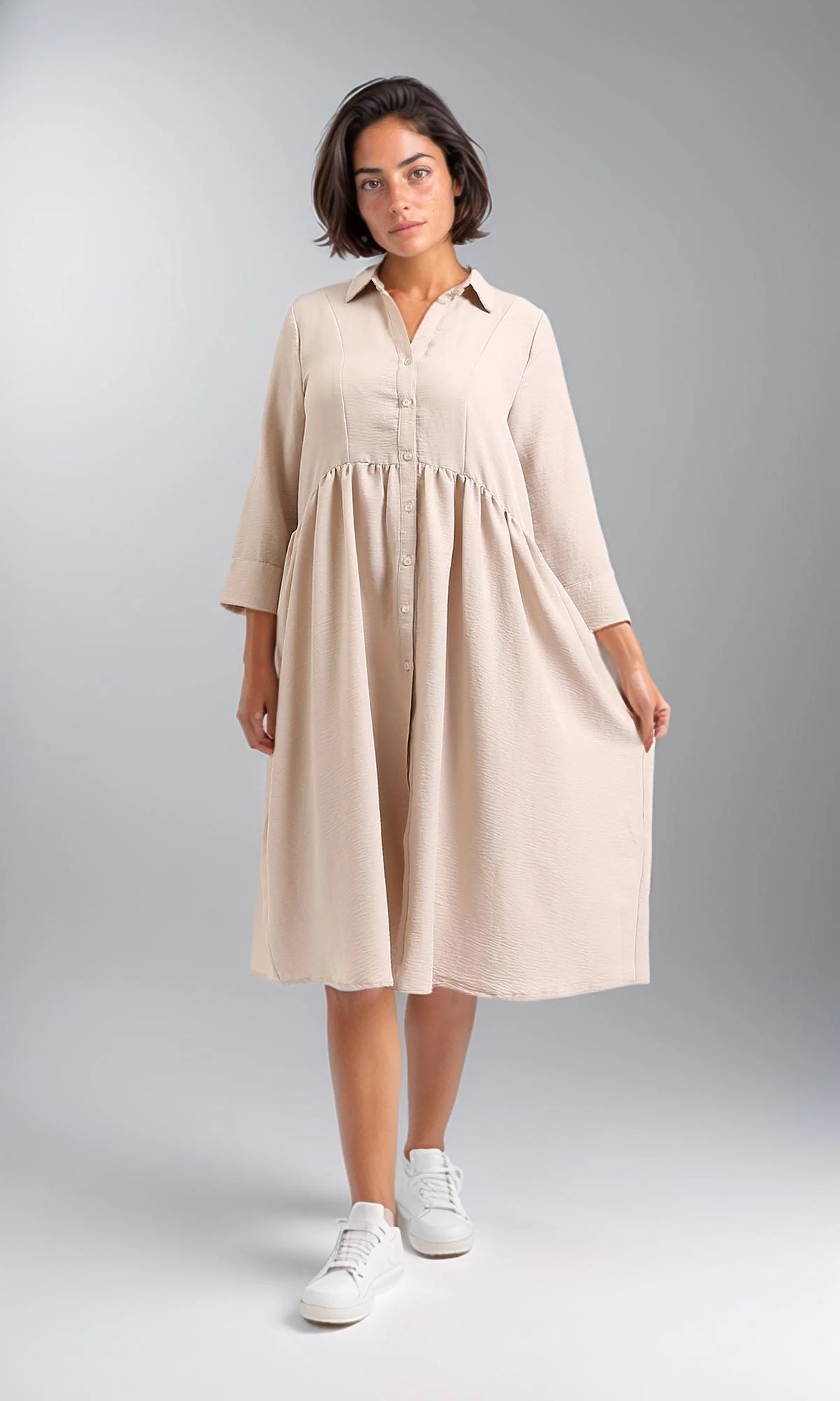 R208474-3/4 Sleeves Summer Buttoned Dress - Dark Beige - Image 5