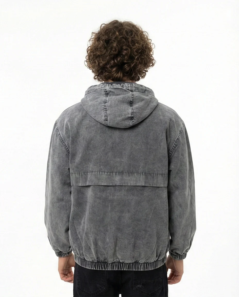 Acid Wash Denim Bomber Jacket with Hood - Image 2