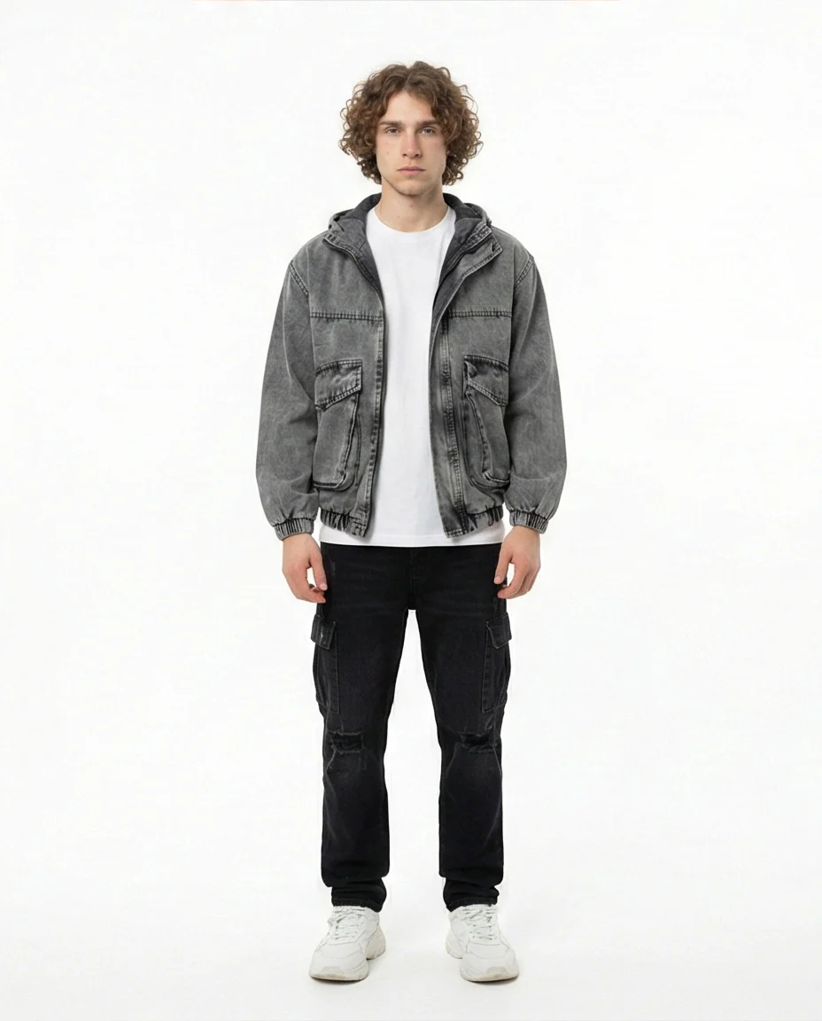 Acid Wash Denim Bomber Jacket with Hood - Image 3