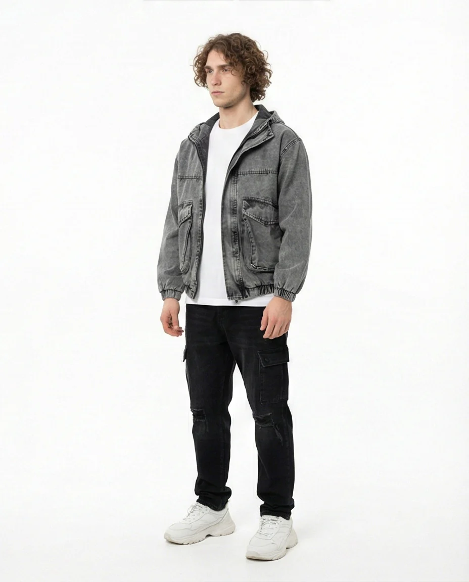 Acid Wash Denim Bomber Jacket with Hood - Image 4