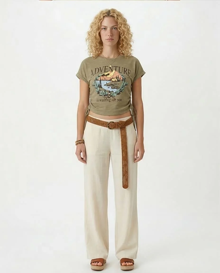 Adventure Graphic Ruched Side Crop Tee - Olive - O182845 - Image 3