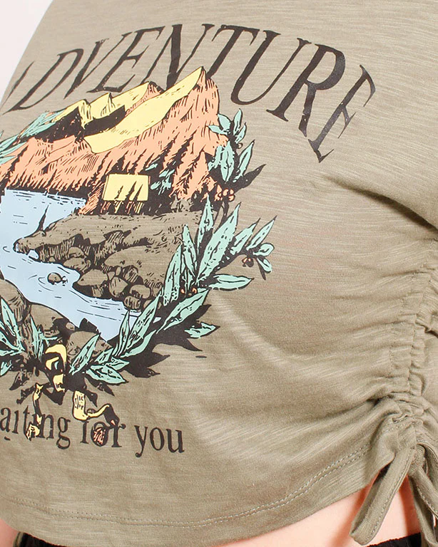 Adventure Graphic Ruched Side Crop Tee - Olive - O182845 - Image 4