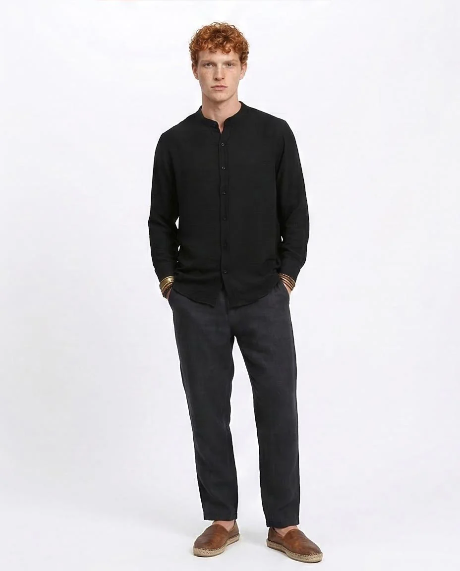 Ravin Band Collar Shirt in Lightweight Textured Fabric – Black - R209099 - Image 3