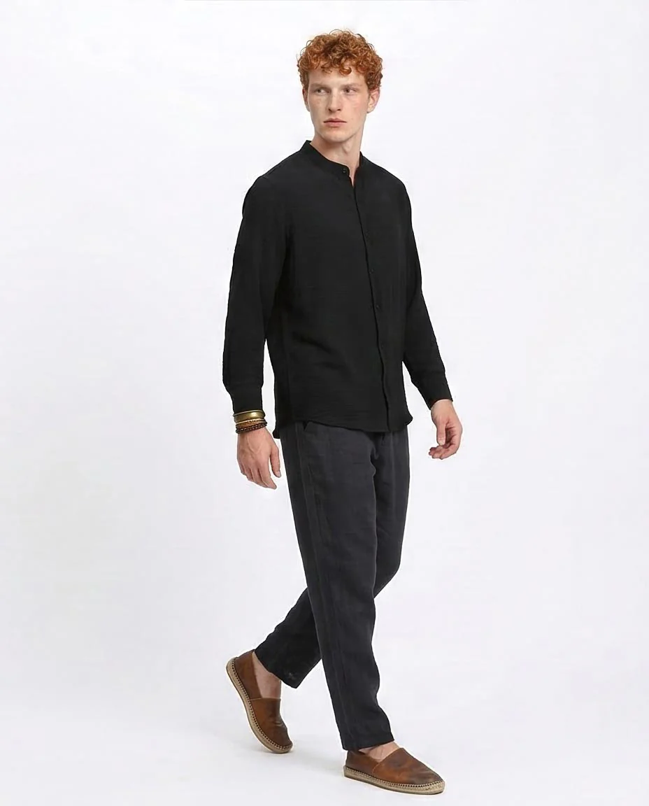 Ravin Band Collar Shirt in Lightweight Textured Fabric – Black - R209099 - Image 5