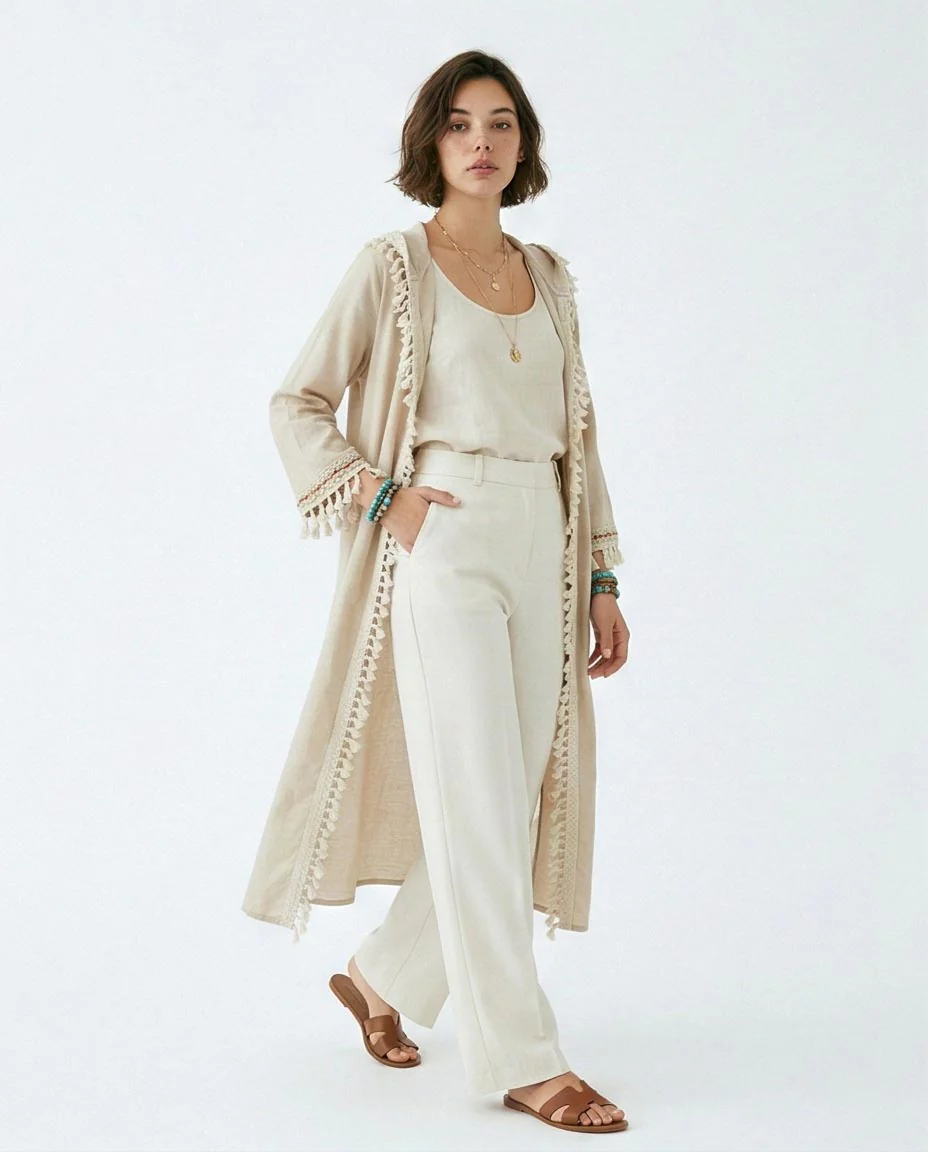 Beige Hooded Tassel-Trim Cardigan - Image 2