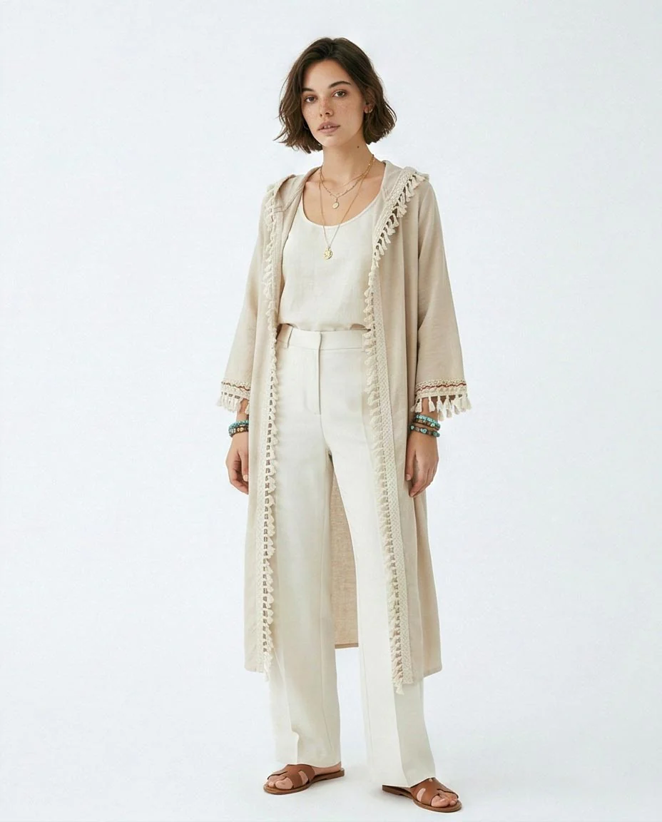 Beige Hooded Tassel-Trim Cardigan - Image 3