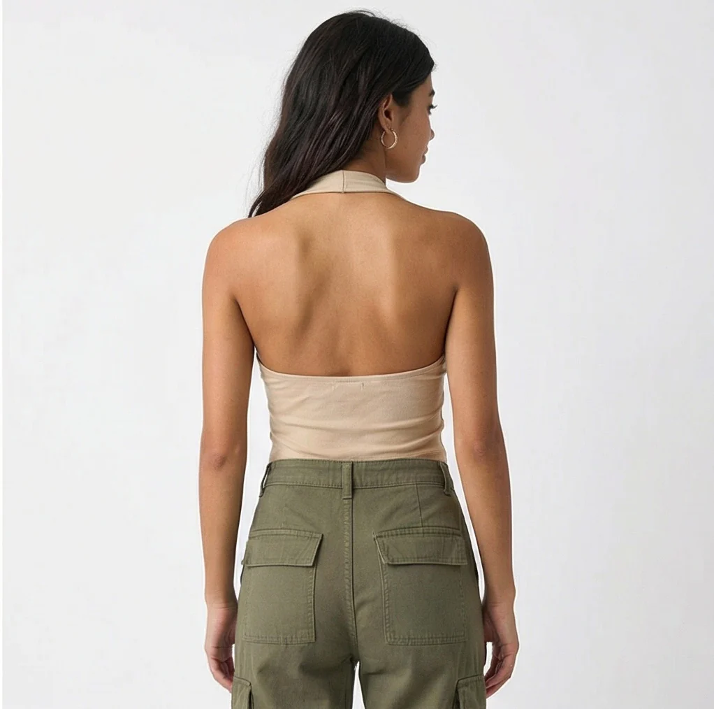 Beige Ribbed Halter Neck Crop Top - R217723 - Image 2