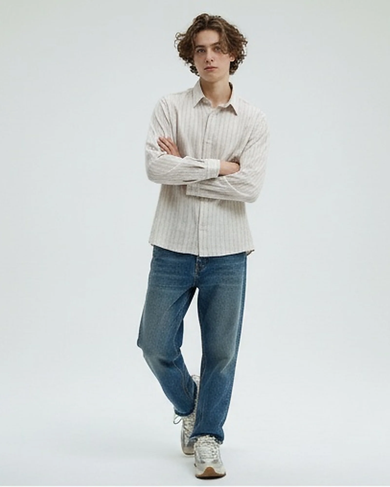 Beige Vertical Striped Relaxed Fit Long Sleeve Shirt - R217160 - Image 2