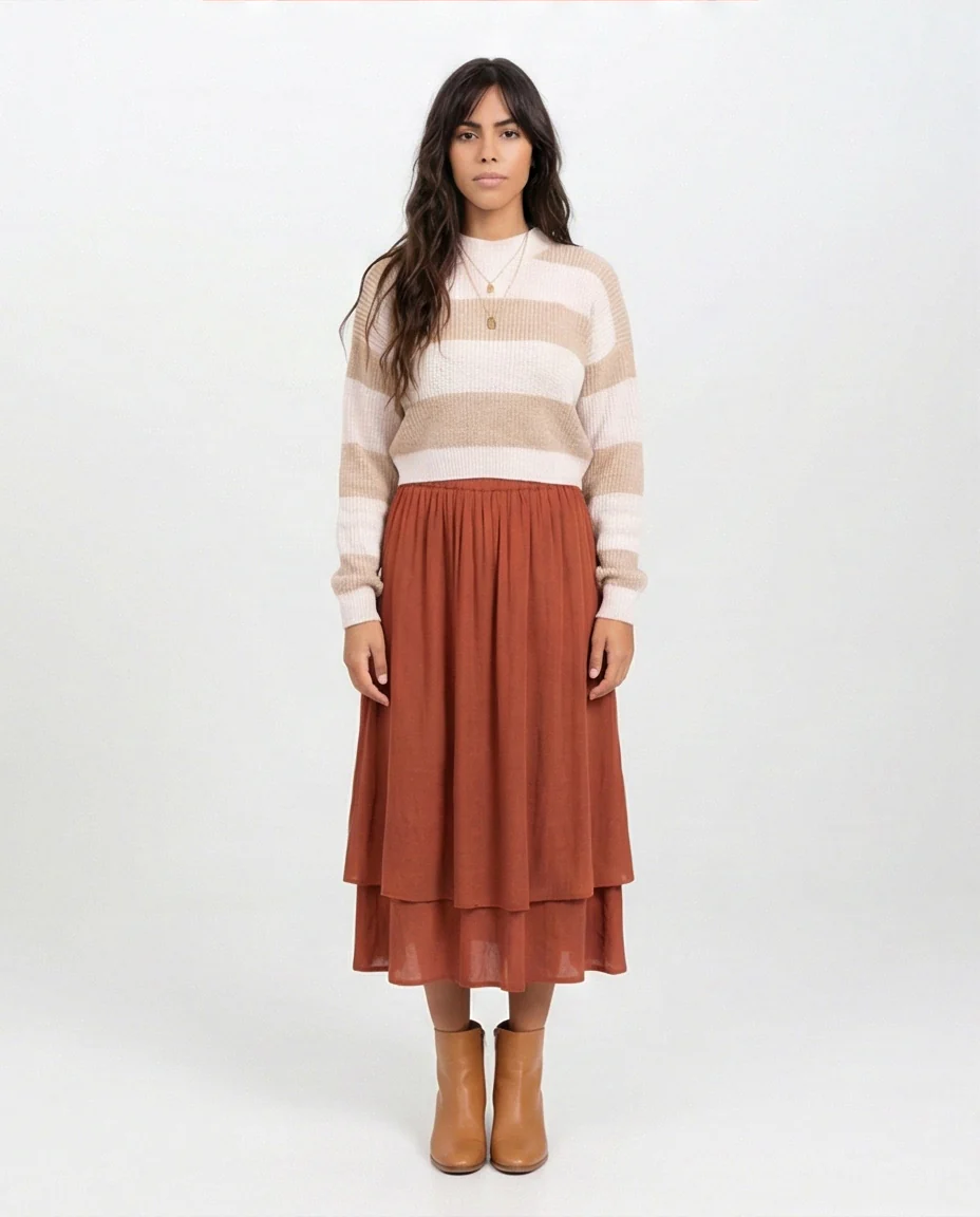 Beige and White Striped Cropped Knit Pullover - O202783 - Image 3