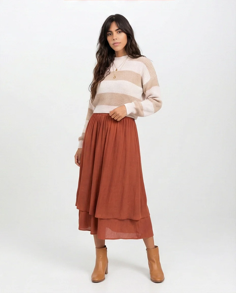 Beige and White Striped Cropped Knit Pullover - O202783 - Image 4