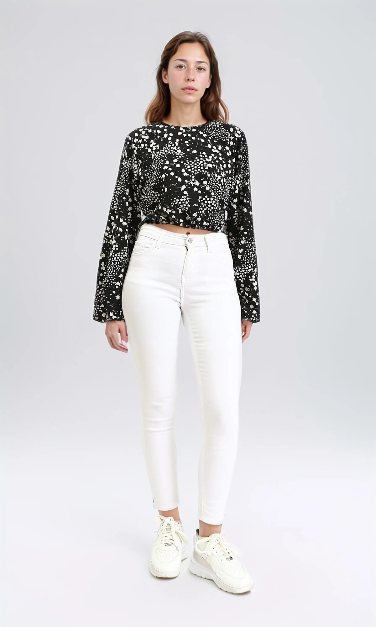 R208790 - Bell Sleeves Patterned Blouse - Black & White - Image 5