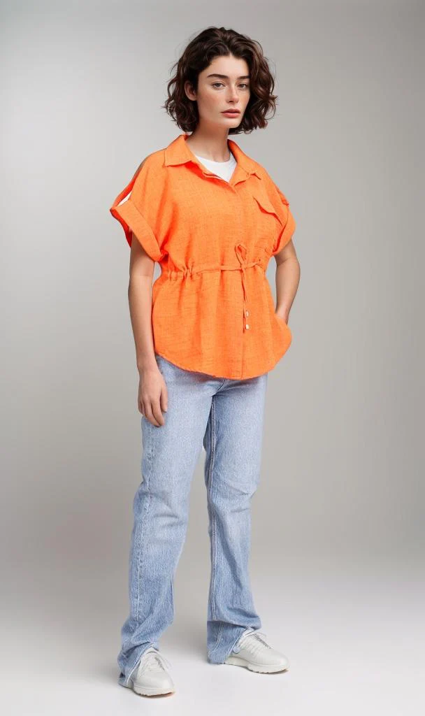 R207253-R207253 - Belted Button-Up Shirt - Orange - Image 5