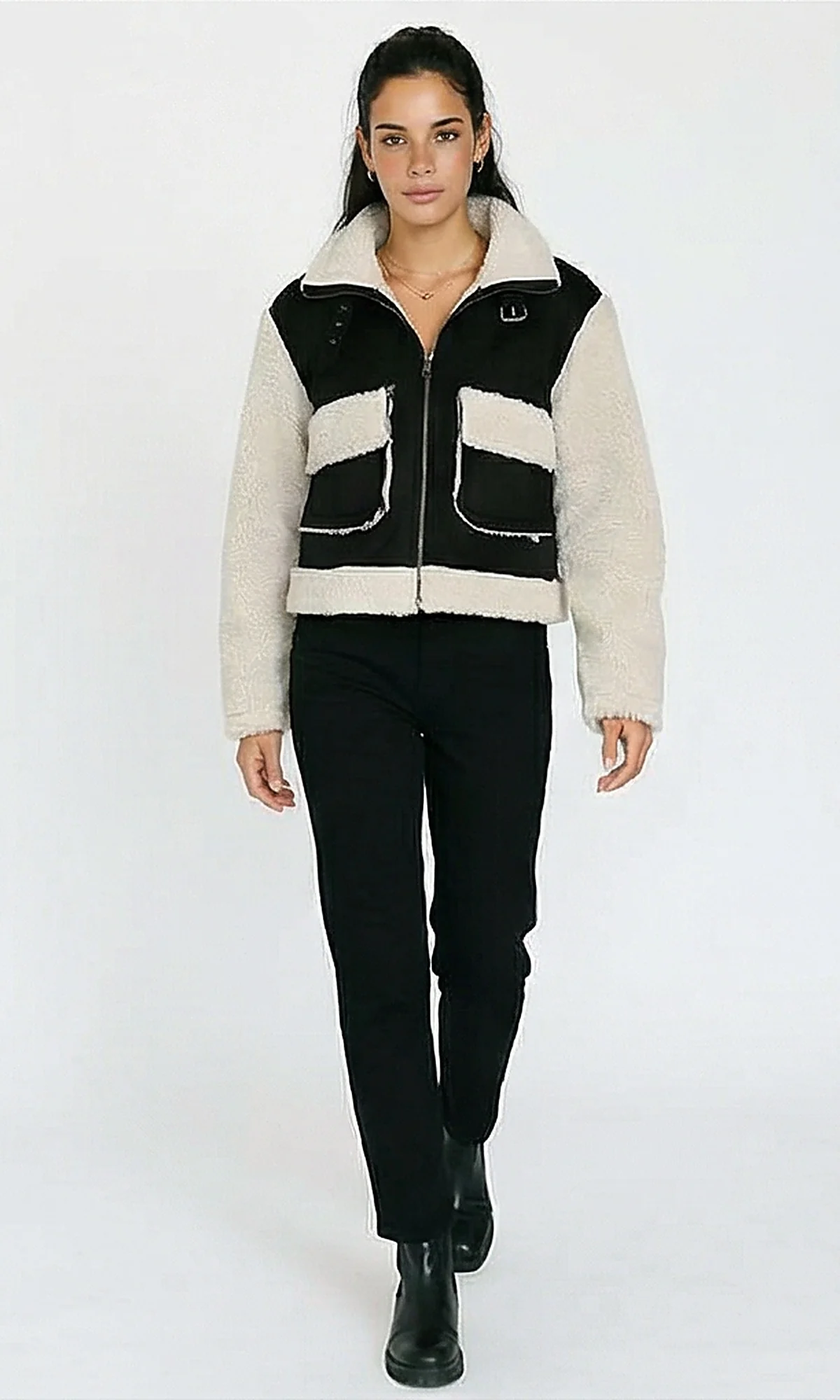 R214182 - Bi-Tone Suede Jacket with Wool Sleeves - Black & Off-White - Image 3