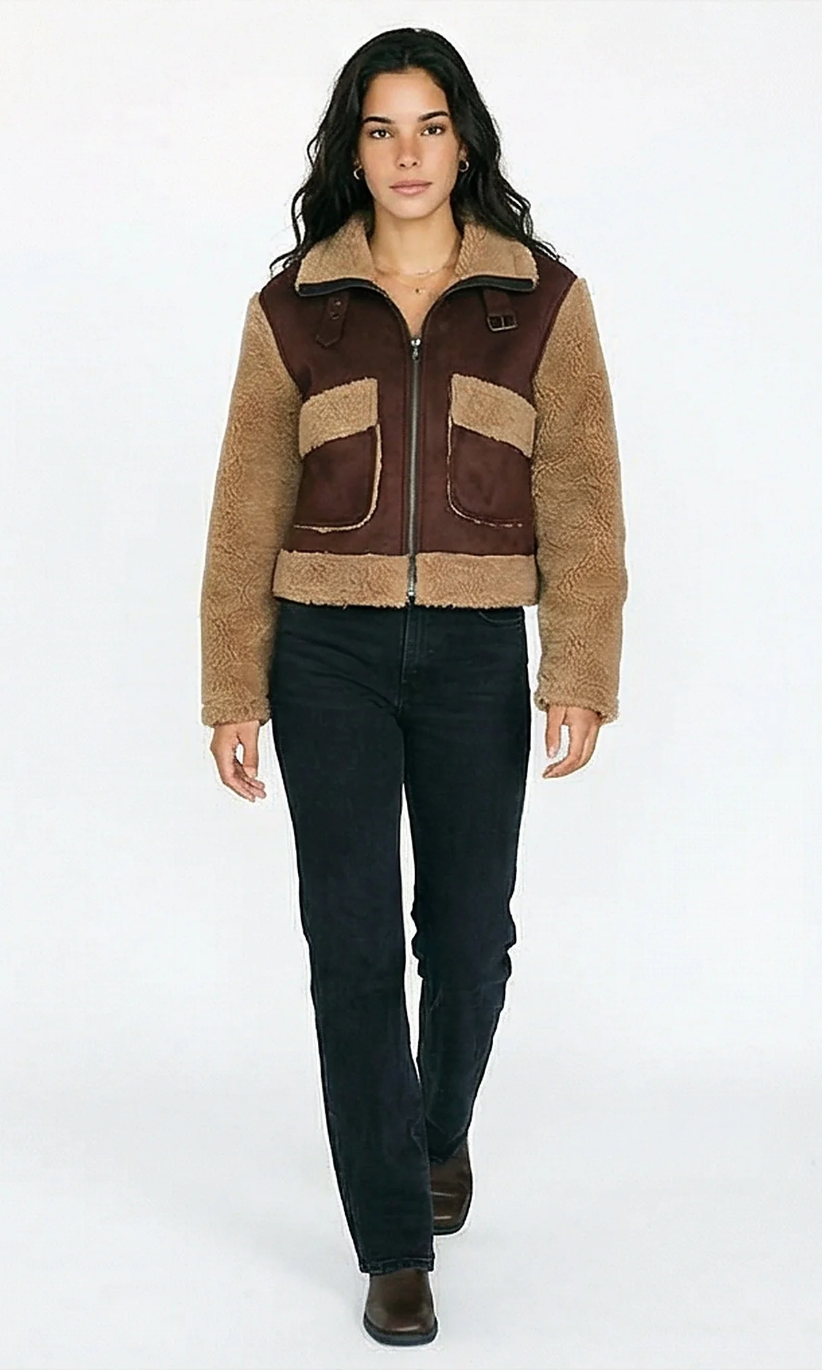 R214183 - Bi-Tone Suede Jacket with Wool Sleeves - Brown & Tan - Image 3