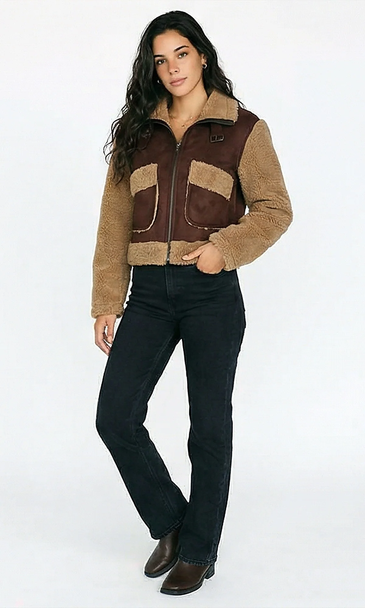 R214183 - Bi-Tone Suede Jacket with Wool Sleeves - Brown & Tan - Image 4