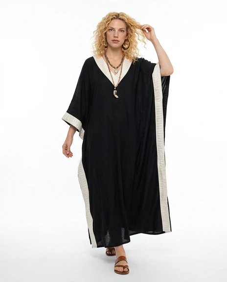 Black Embroidered V-Neck Kaftan Dress - Image 3