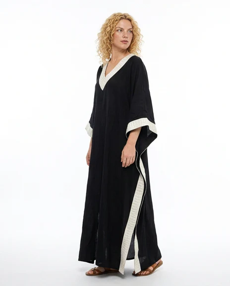 Black Embroidered V-Neck Kaftan Dress - Image 4