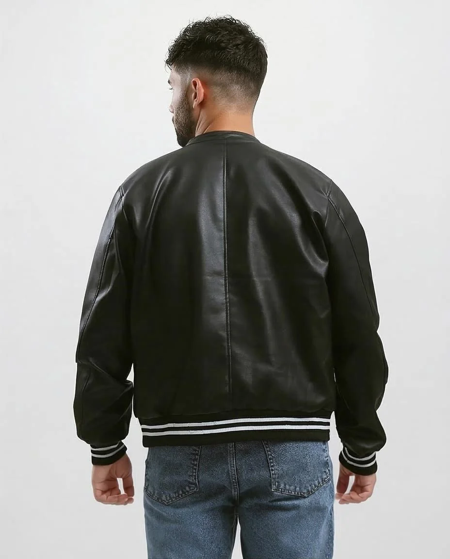 Sleek Black Faux Leather Bomber Jacket with Striped Trim - O176030 - Image 2
