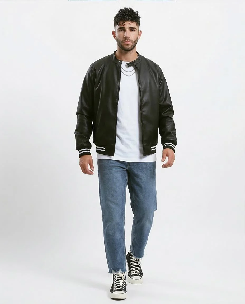 Sleek Black Faux Leather Bomber Jacket with Striped Trim - O176030 - Image 3