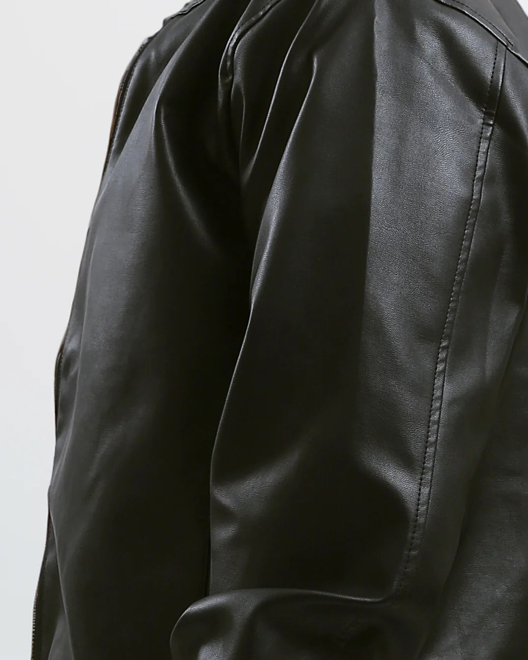 Sleek Black Faux Leather Bomber Jacket with Striped Trim - O176030 - Image 4