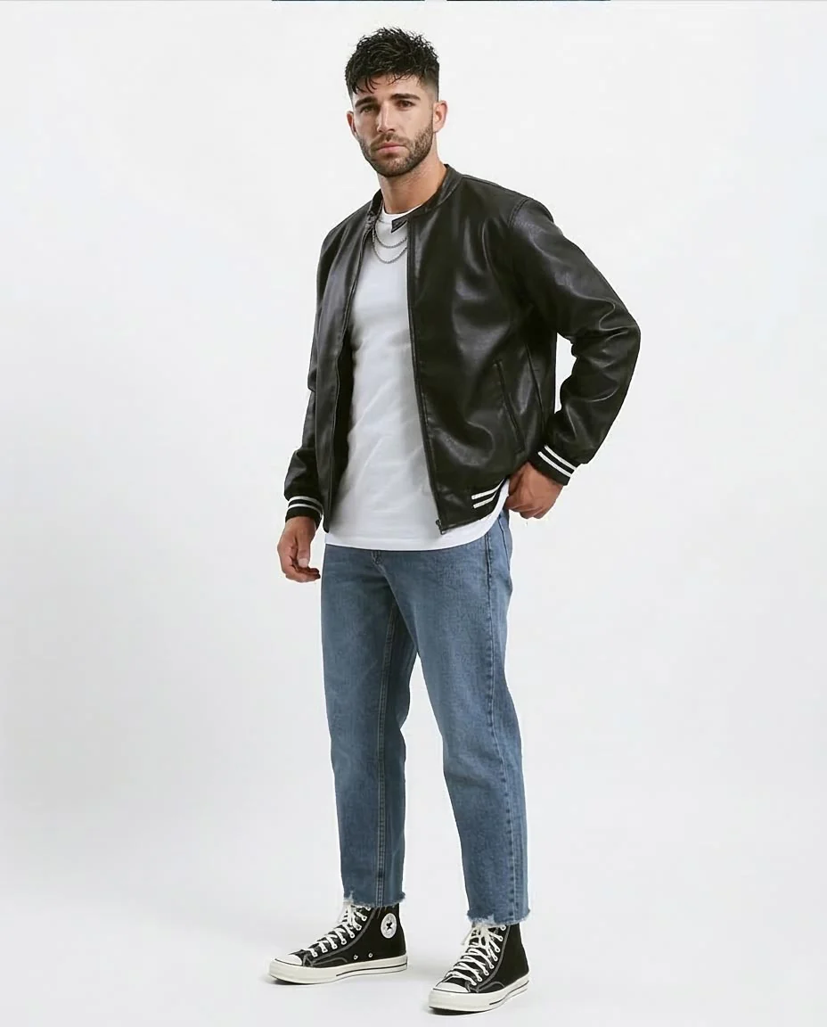 Sleek Black Faux Leather Bomber Jacket with Striped Trim - O176030 - Image 5