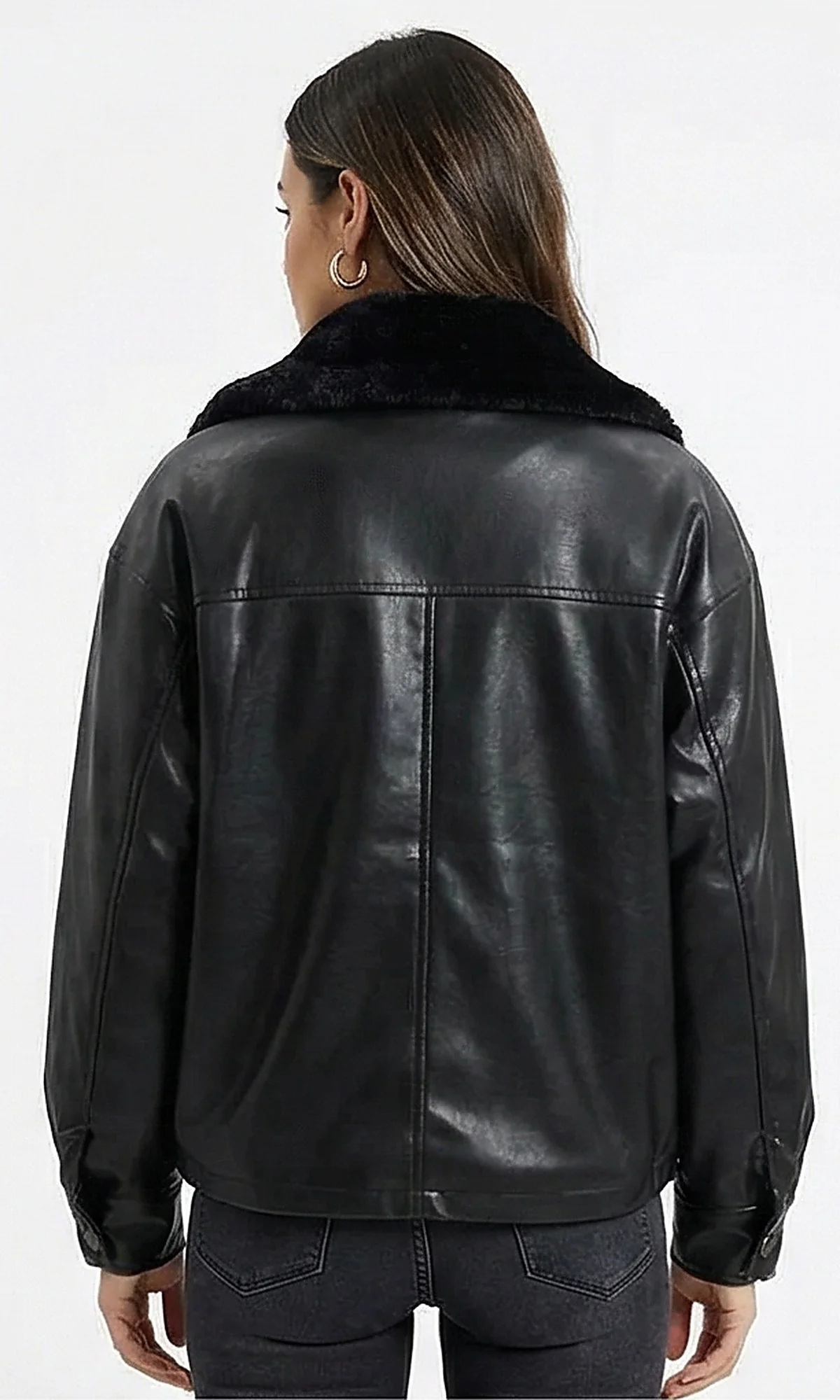 Faux Leather Jacket with Plush Faux Fur Collar - R213729 - Image 2