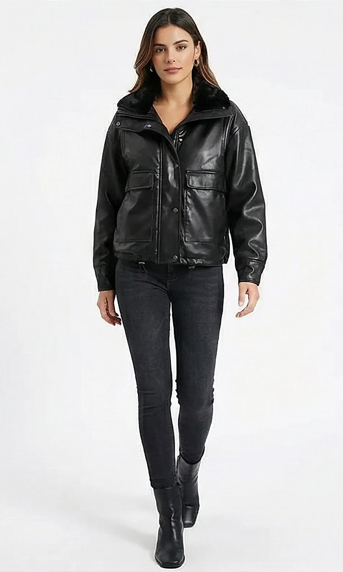 Faux Leather Jacket with Plush Faux Fur Collar - R213729 - Image 3
