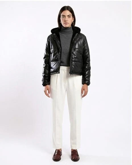 Black High-Shine Hooded Puffer Jacket - O180574 - Image 4