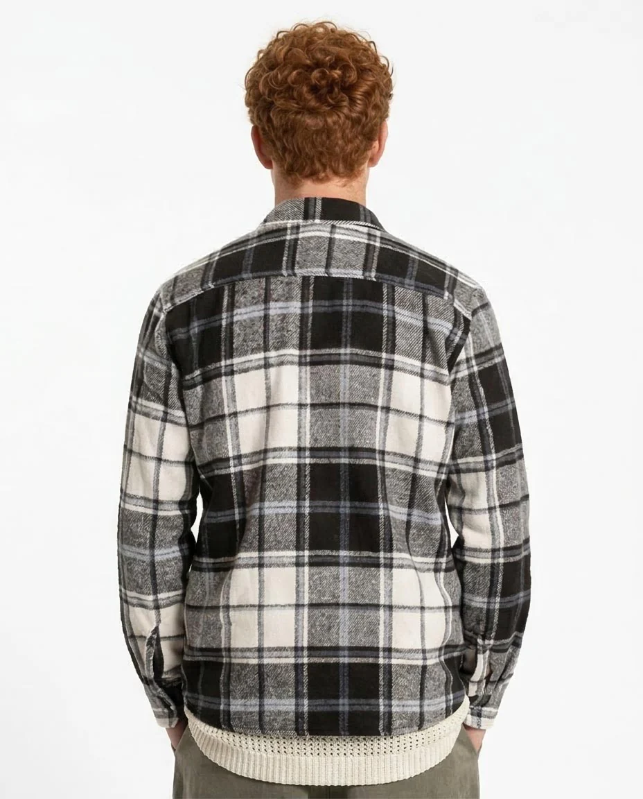 Black & Grey Plaid Flannel Long Sleeve Shirt - O200608 - Image 2