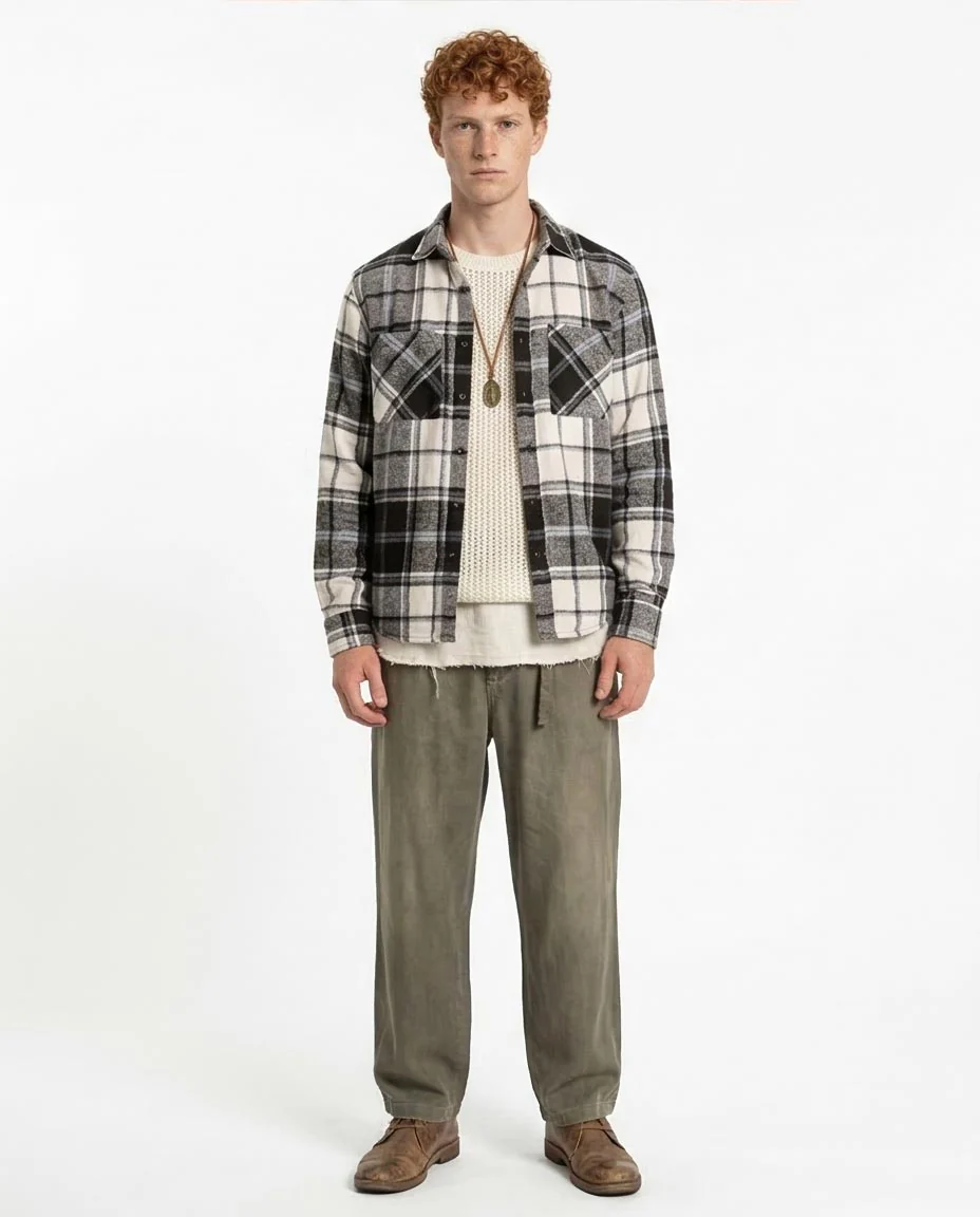 Black & Grey Plaid Flannel Long Sleeve Shirt - O200608 - Image 3