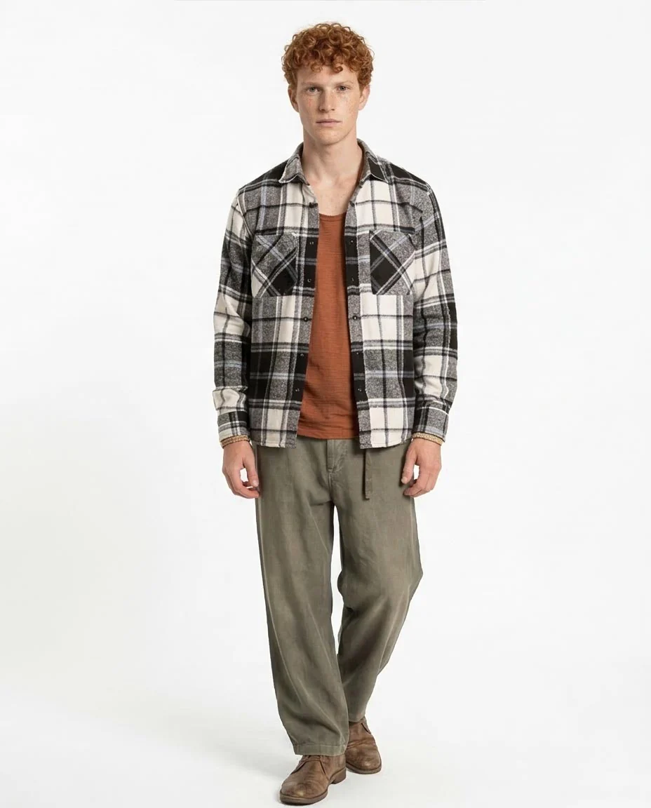 Black & Grey Plaid Flannel Long Sleeve Shirt - O200608 - Image 5
