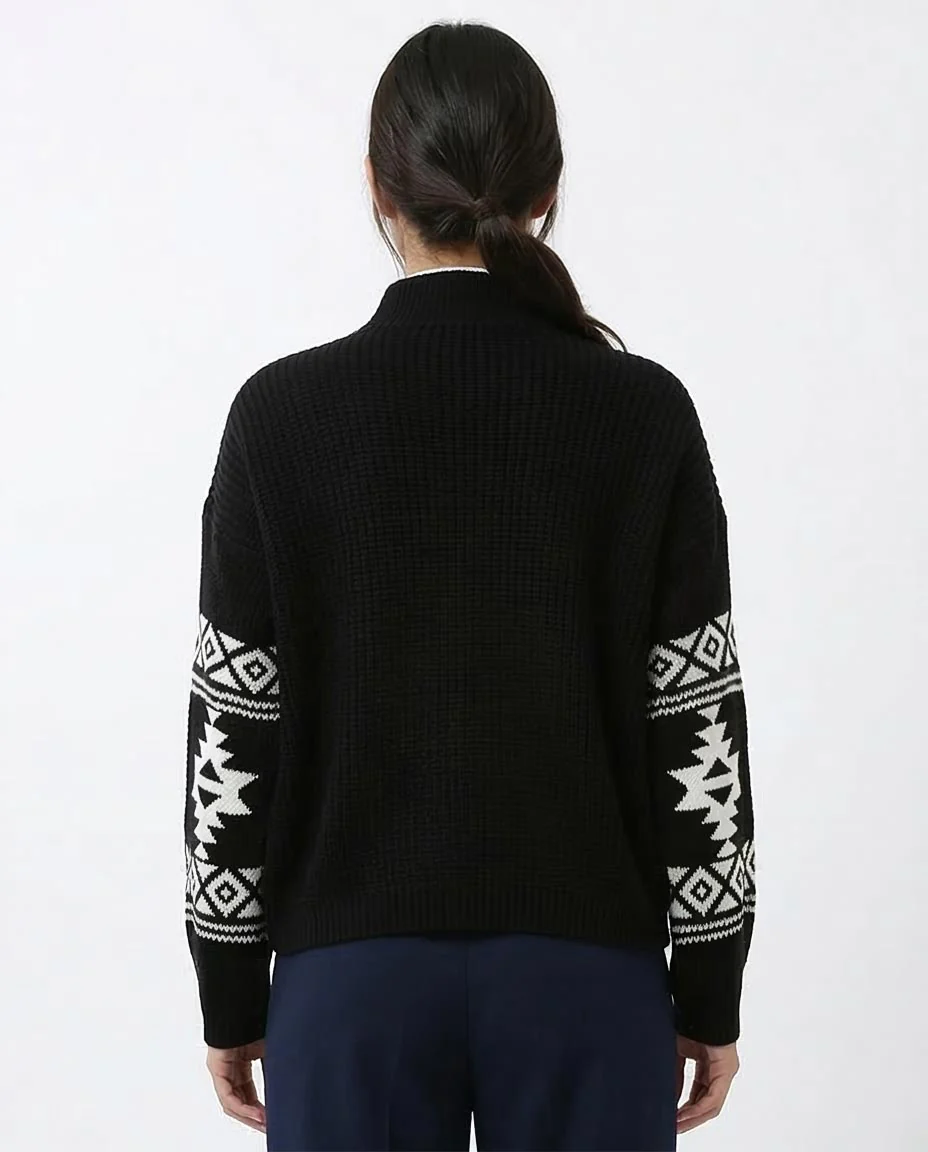 Black Mock Neck Knit Pullover with Intarsia Sleeve Detail - O201330 - Image 2