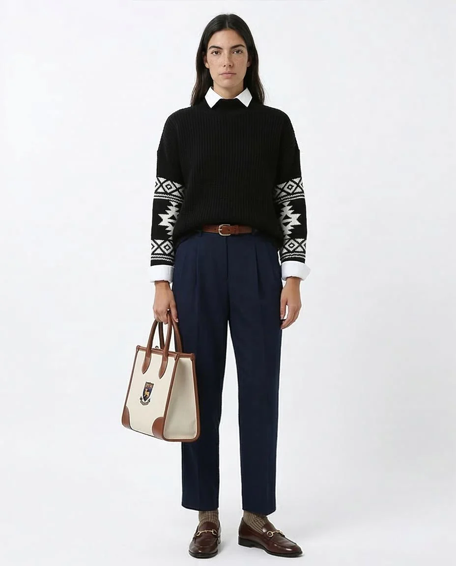 Black Mock Neck Knit Pullover with Intarsia Sleeve Detail - O201330 - Image 3