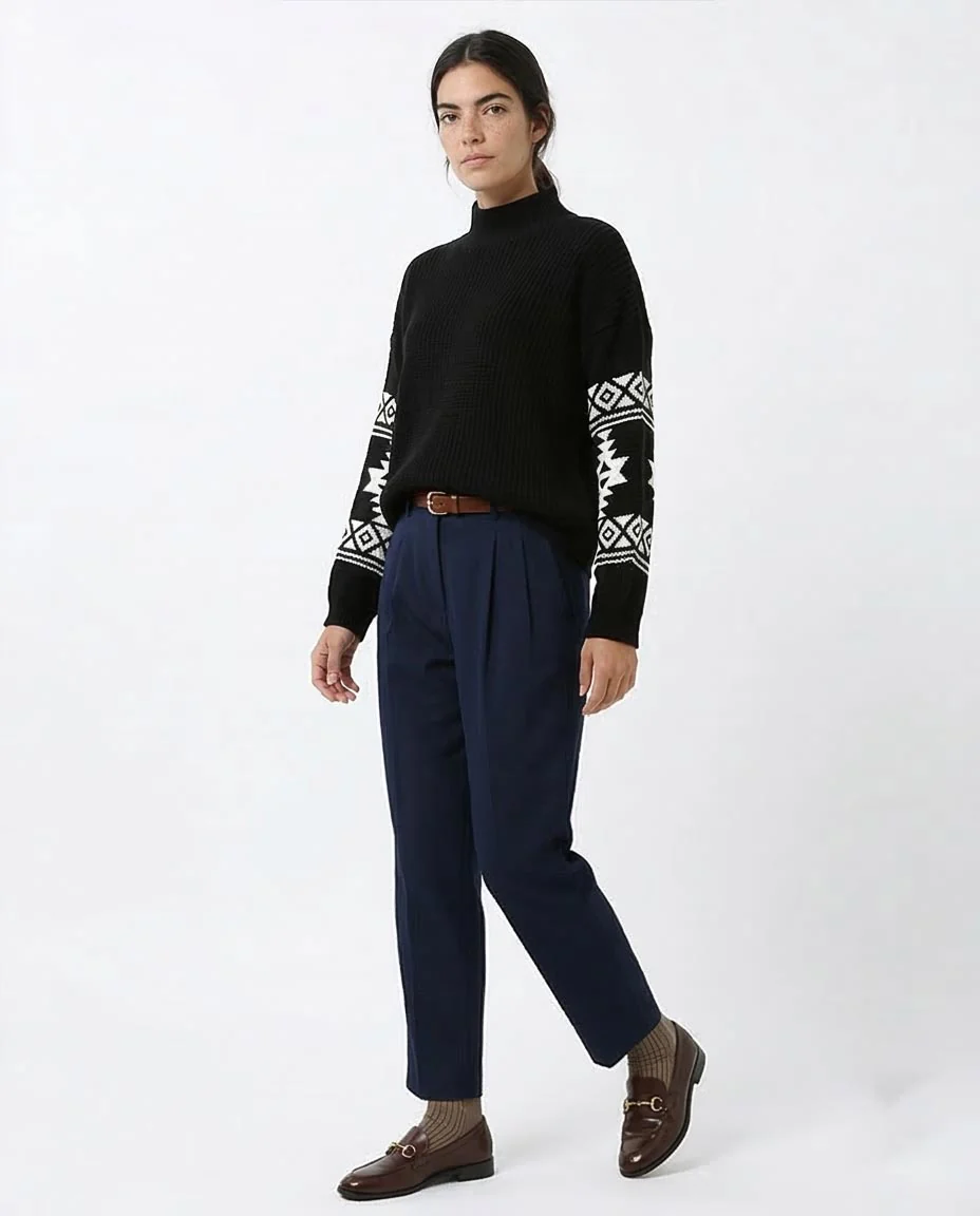 Black Mock Neck Knit Pullover with Intarsia Sleeve Detail - O201330 - Image 5