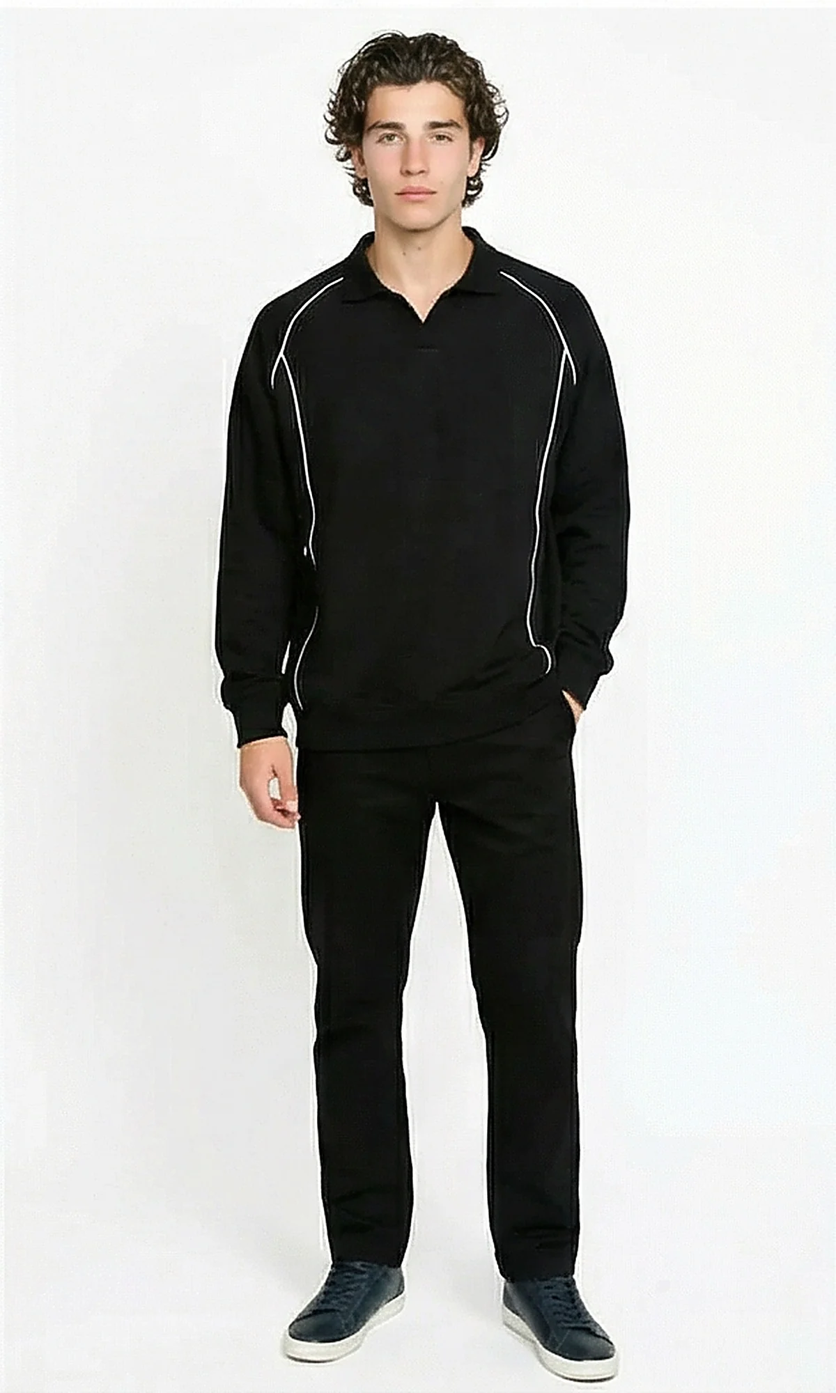 Black Piping Detail Polo Sweatshirt - Image 4
