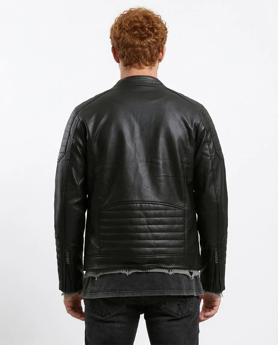 Black Quilted Detail Faux Leather Biker Jacket - O180581 - Image 2