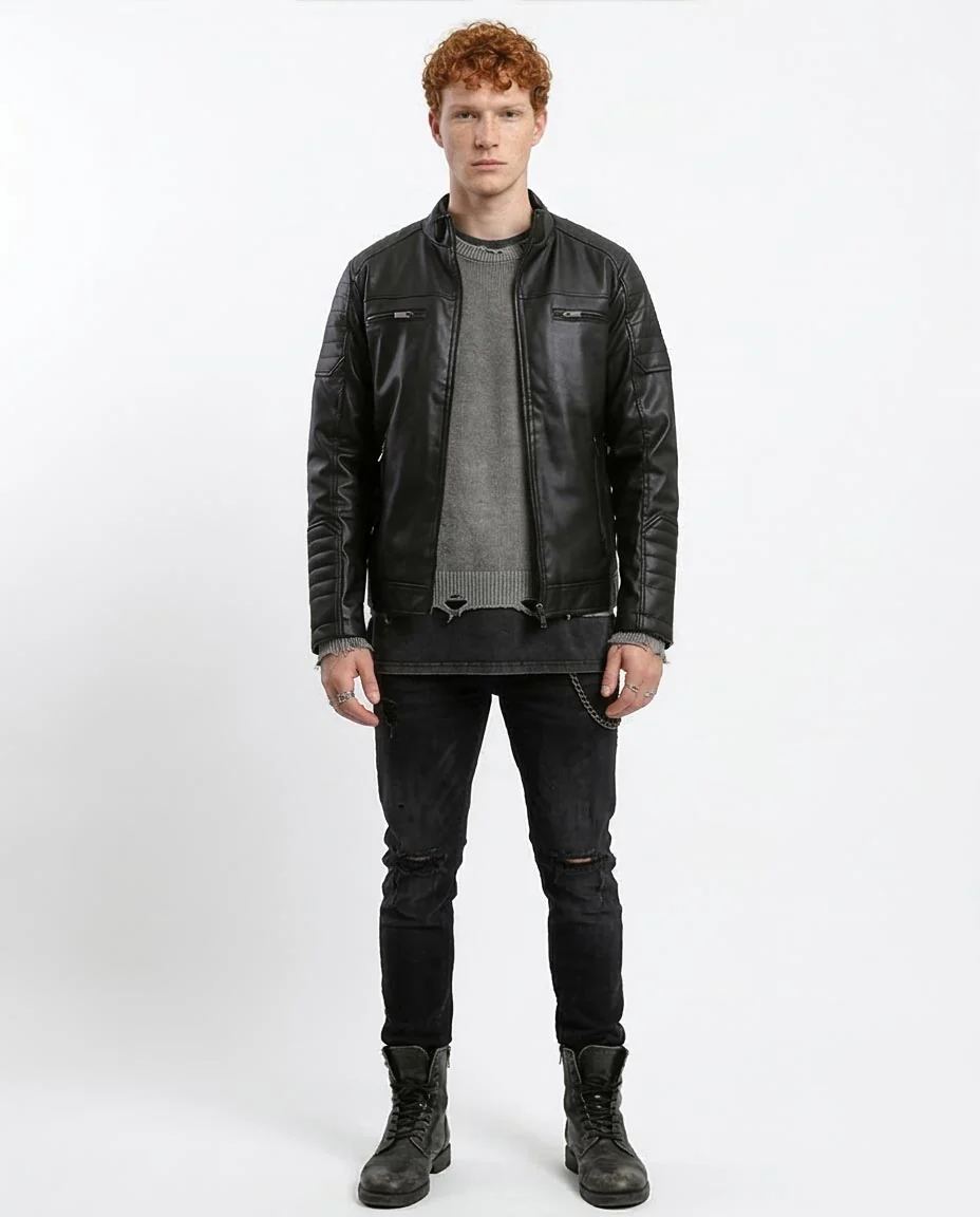 Black Quilted Detail Faux Leather Biker Jacket - O180581 - Image 3