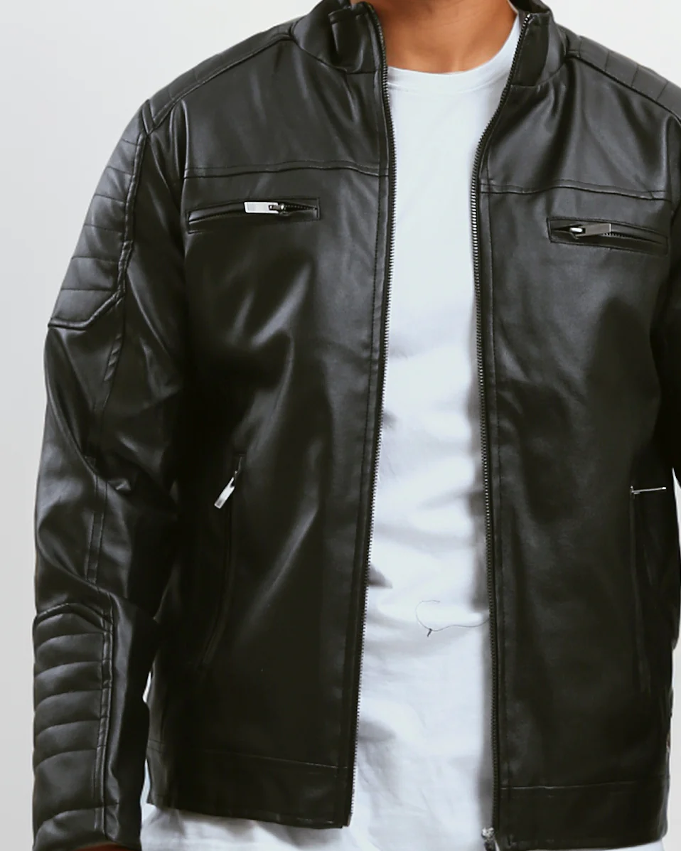 Black Quilted Detail Faux Leather Biker Jacket - O180581 - Image 4