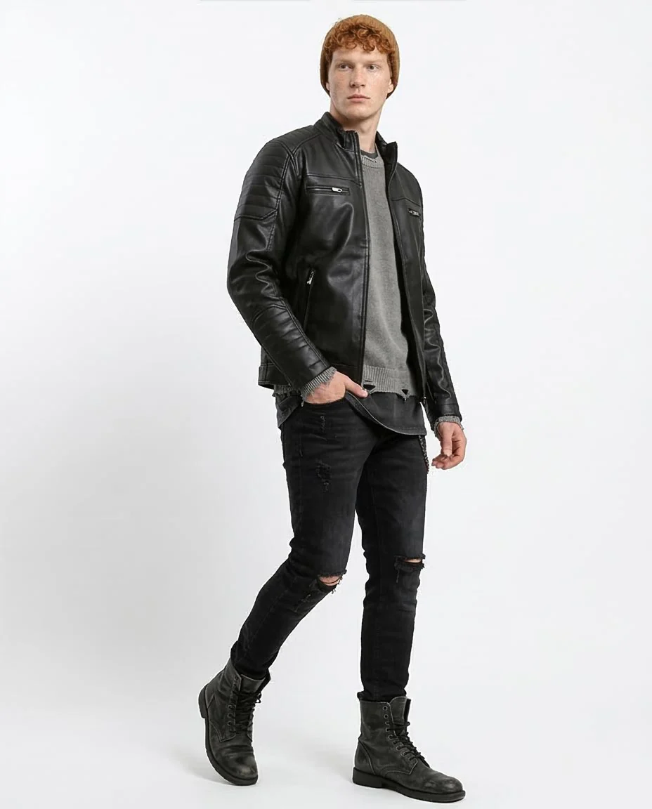 Black Quilted Detail Faux Leather Biker Jacket - O180581 - Image 5