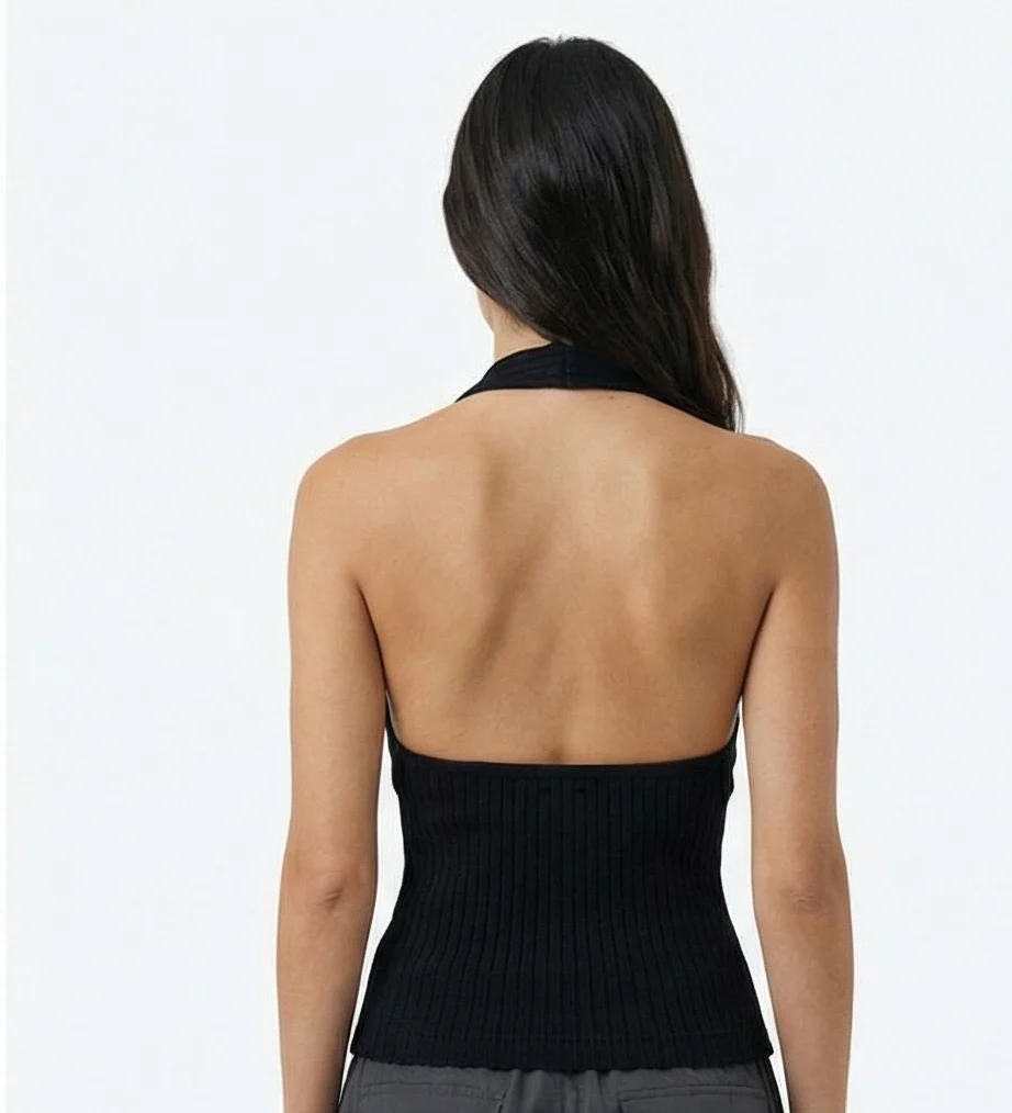 Black Ribbed Deep V-Neck Halter Top - R217146 - Image 2