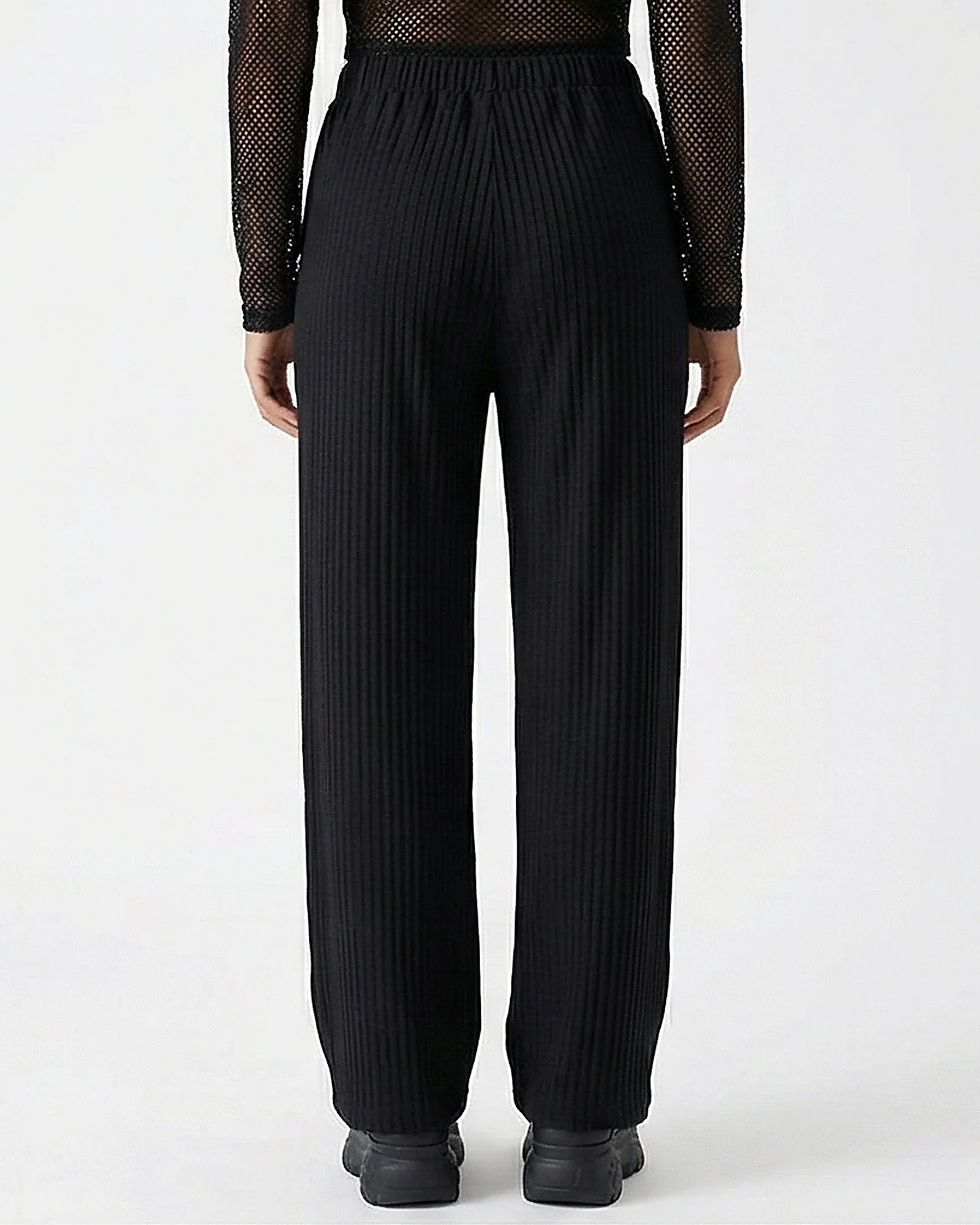 Ribbed Wide-Leg High-Waisted Trousers - Black - Image 2