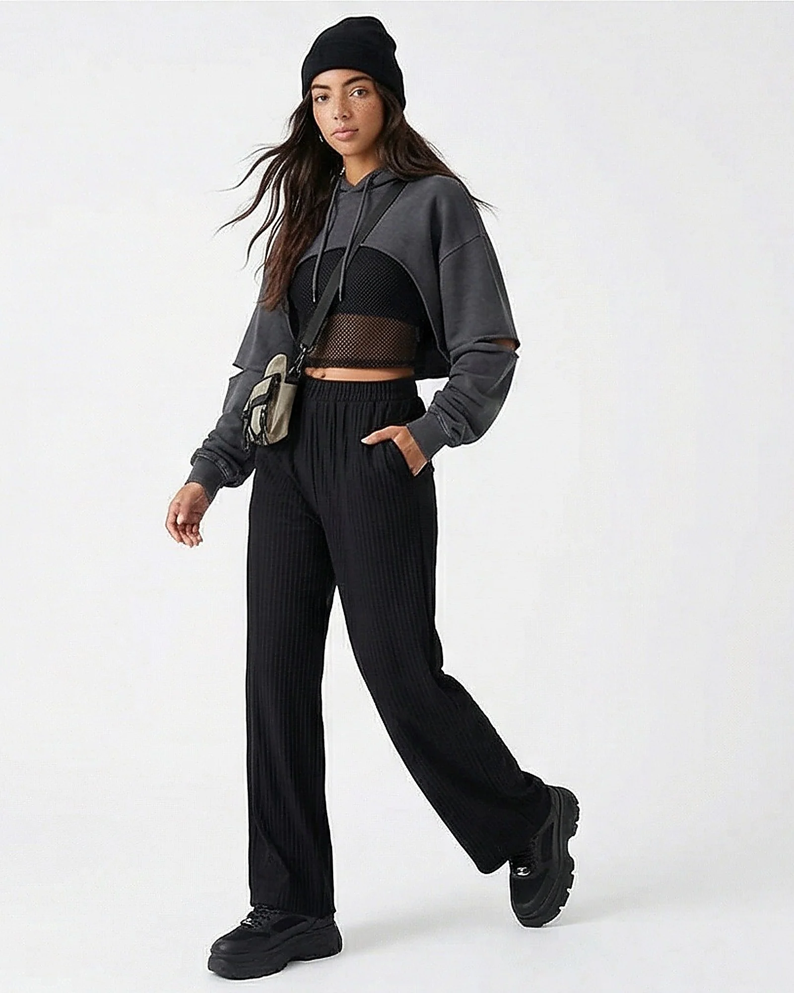 Ribbed Wide-Leg High-Waisted Trousers - Black - Image 3