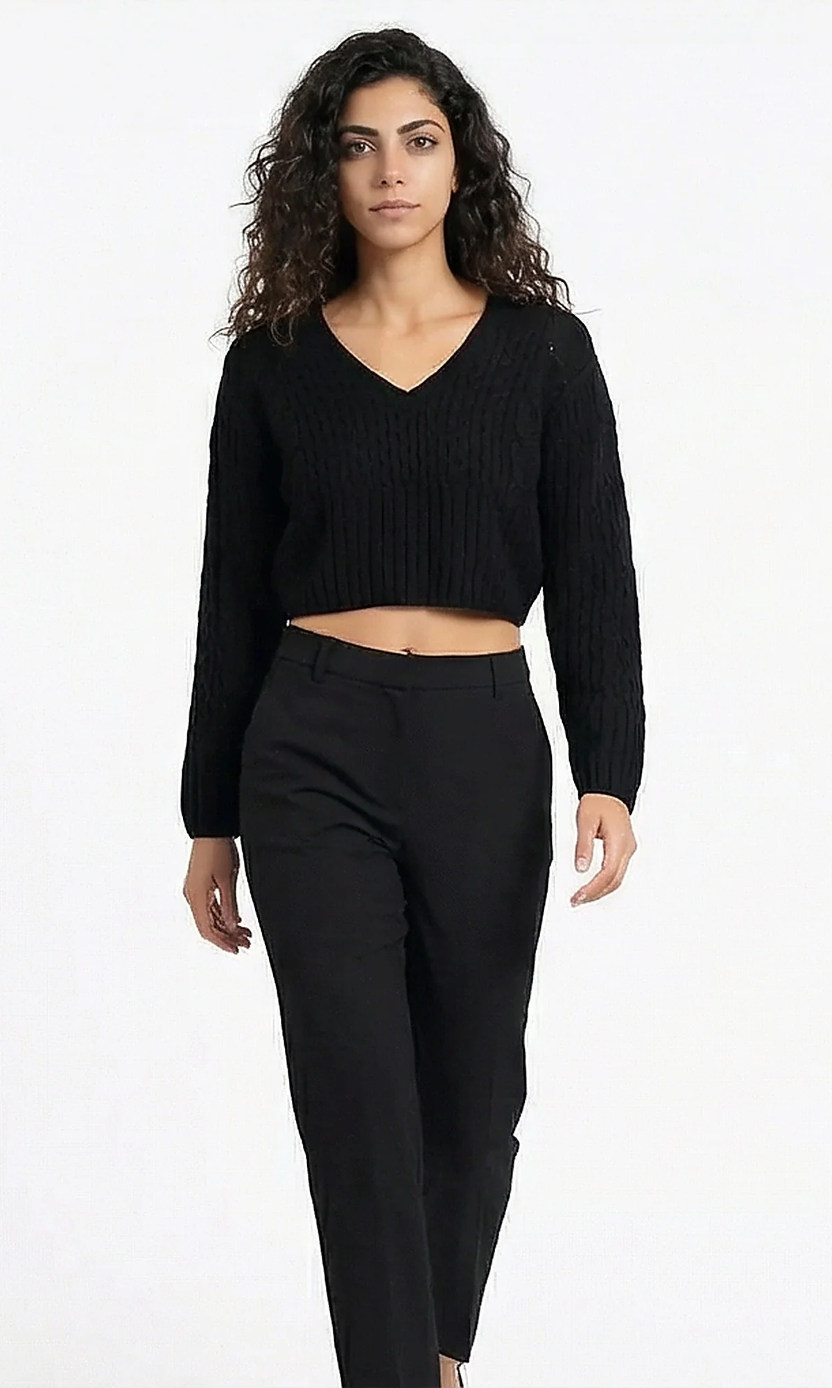 Black Solid V-Neck Cable Knit Crop Pullover - Image 4