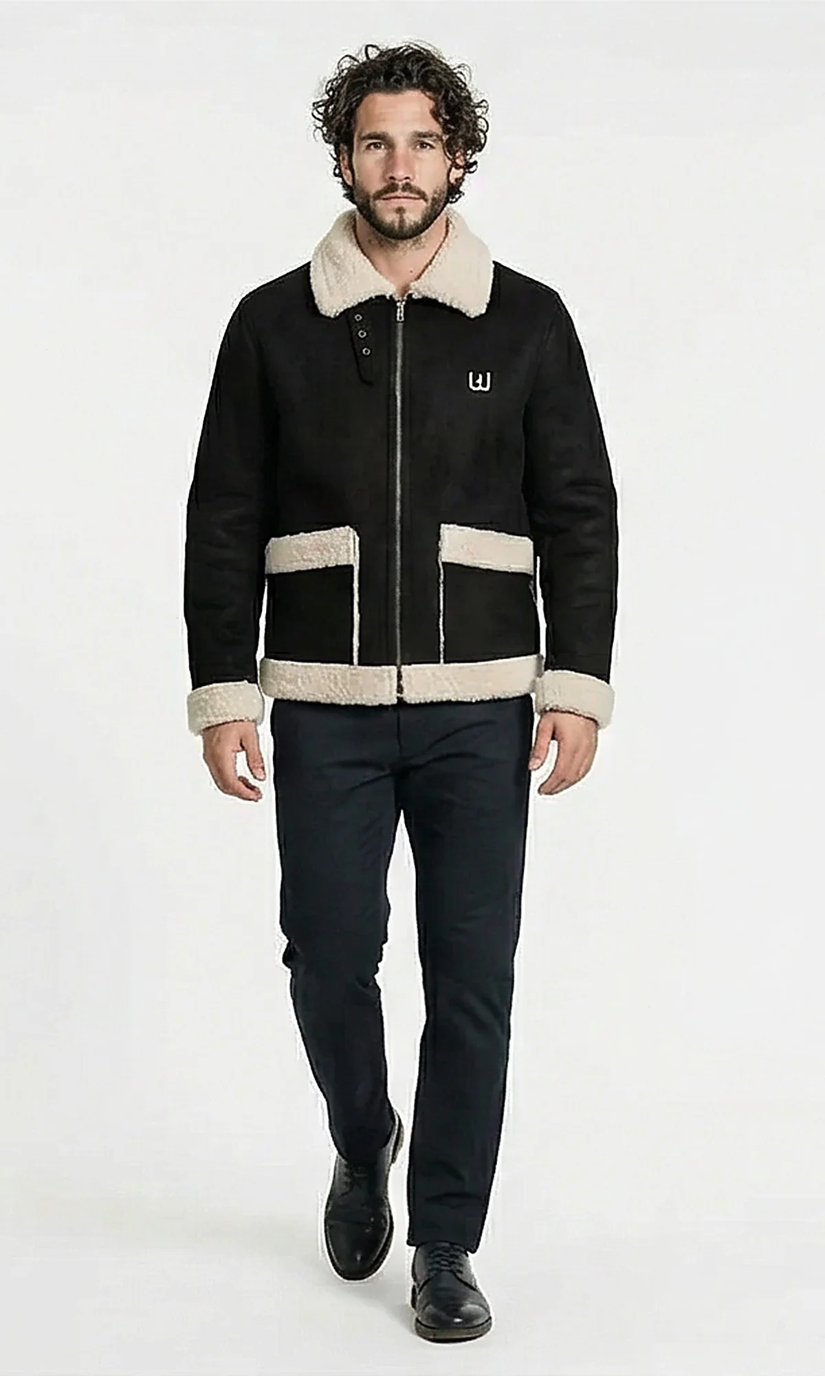 Black Suede & Sherpa Aviator Jacket - Image 4