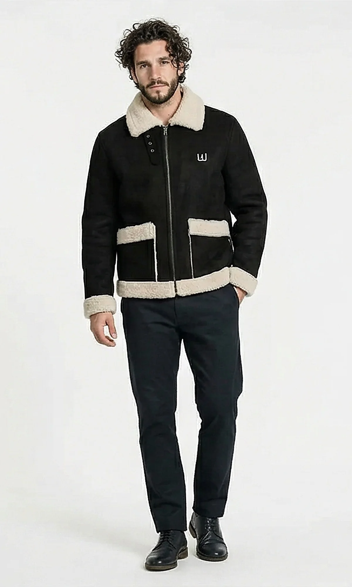 Black Suede & Sherpa Aviator Jacket - Image 5