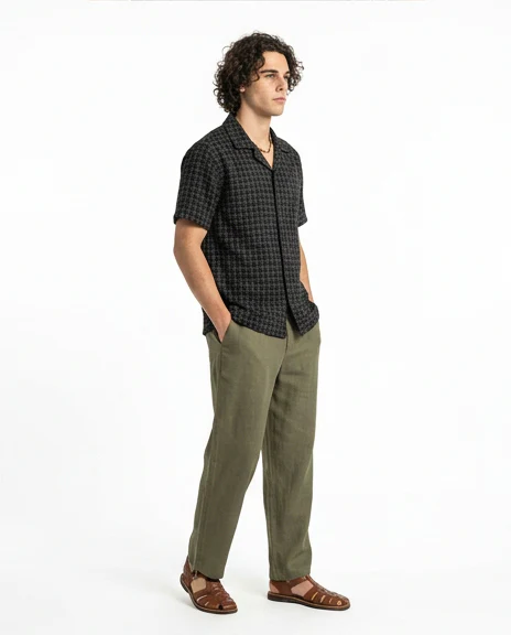 Black Textured Grid Camp Collar Short Sleeve Shirt - R216744 - Image 4